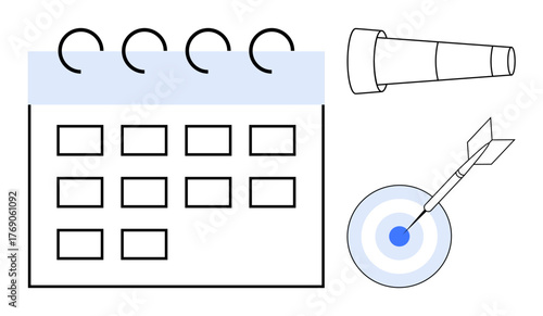 Calendar with monthly layout, telescope for foresight, and target with arrow for goals. Ideal for strategy, planning, scheduling, vision, focus organization productivity. Simple flat metaphor