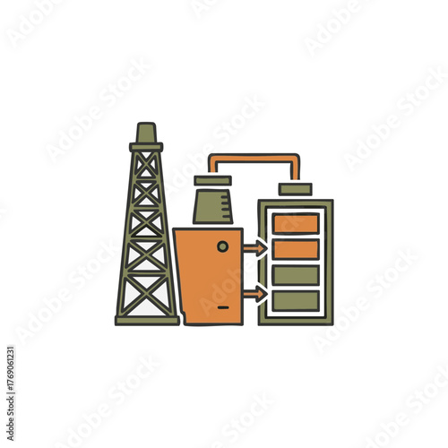 An illustrative diagram showcasing the industrial process of extracting fossil fuels, their subsequent refining, and efficient power storage in large battery units.