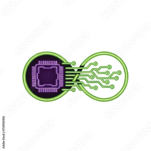 A vibrant digital infinity symbol merges a powerful microchip with intricate green circuit pathways, illustrating endless technological advancement and data flow.