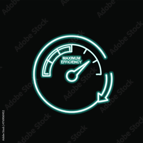A glowing neon green gauge icon on a dark background illustrates the concept of achieving maximum efficiency and optimal performance in modern technological processes.