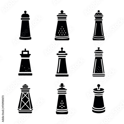 Pepper Grinder Icons Set — Salt and Pepper Mill Silhouettes