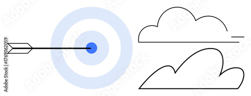 Arrow piercing center of circular target alongside two outlined clouds. Ideal for focus, strategy, achievement, precision, goals, direction, determination. Simple flat metaphor