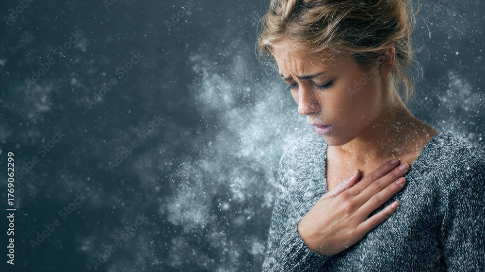 Obraz premium Woman Feeling Cold with Snow Surrounding Her in a Dramatic Atmosphere