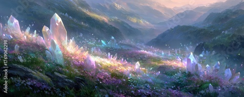 Painting of a beautiful sci fi landscape tender and dreamy design concept. Vibrant crystal landscape in serene natural scenery at dawn.
