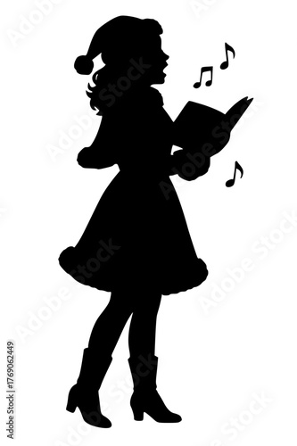 Woman in Santa Hat Holding a Songbook, Girl Singing Christmas Carols