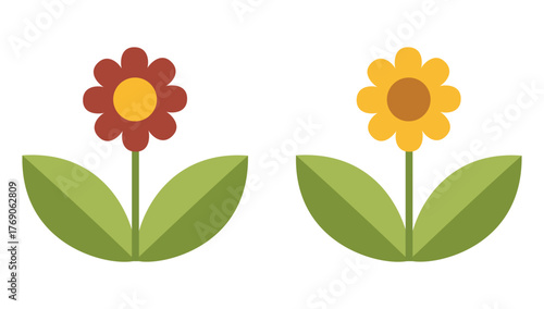 Two flowers with petals and green leaves in simple illustration style for spring and garden themes