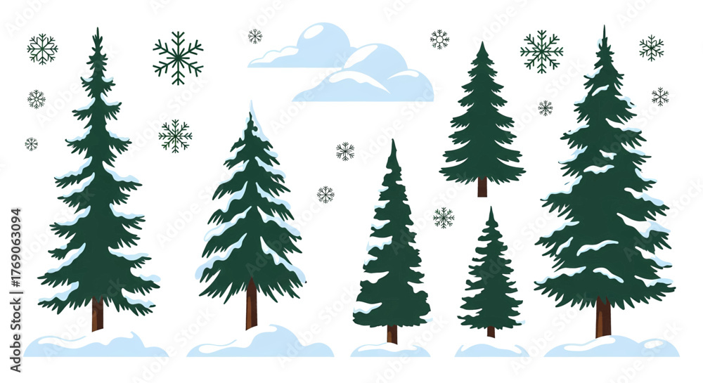 Obraz premium Collection of Evergreen Trees with Snow and Snowflakes Winter Scene.