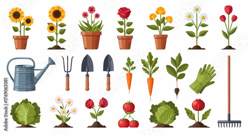 Colorful Gardening Elements Collection: Plants Vegetables Flowers and Tools.