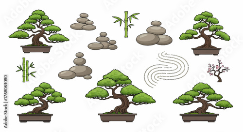 Collection of stylized bonsai trees stacked stones and bamboo elements.