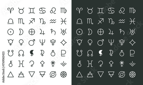 Astrology symbols and icons set. Signs of the zodiac, planets, asteroids vector with editable stroke