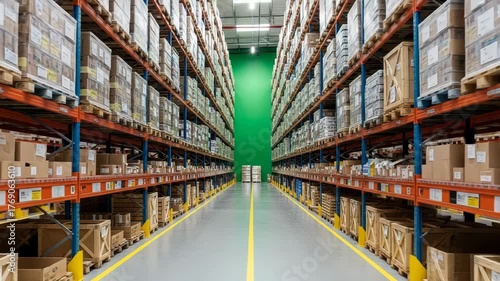 Rows of shelves filled with boxes in a large warehouse