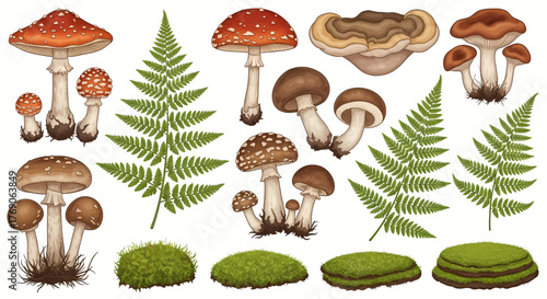 Colorful Variety of Mushrooms and Ferns Illustration Set.