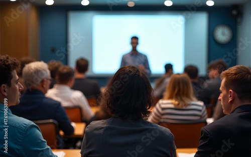Rear view of diverse university students listening to male professor presenting on stage, seminar room with large screen, educational conference atmosphere. High quality