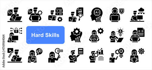 Hard skills icon set with Coding, Software development, Data analysis, Artificial intelligence, Cybersecurity, Project management, Technical writing simple line vector.