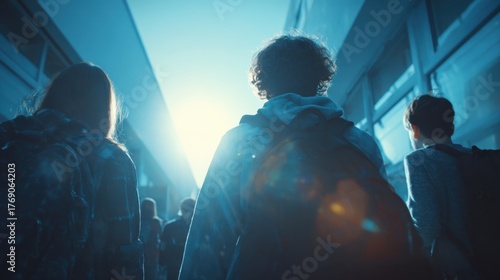 Stylish University Students Walking in Hallway Backlit by Sunlight