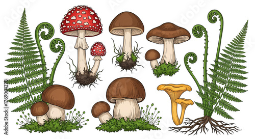 Detailed vector illustration of forest fungi like fly agaric porcini chanterelle and ferns.