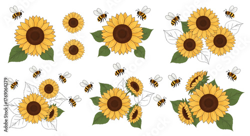 Sunflower and Bee Illustration Set: Vibrant Yellow Petals and Pollinating Insects.