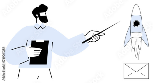 Man holding clipboard, pointing at launching rocket and email icon with stick. Ideal for business strategy, marketing, innovation, goal setting, communication, planning, simple flat metaphor