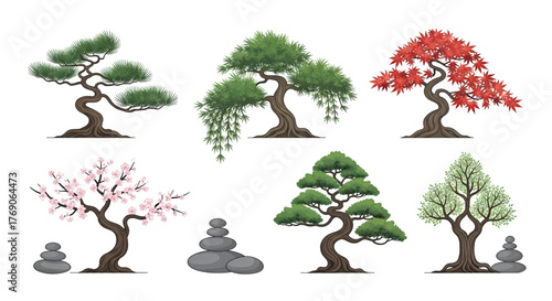 Collection of Stylized Bonsai Trees with Diverse Foliage and Shapes.