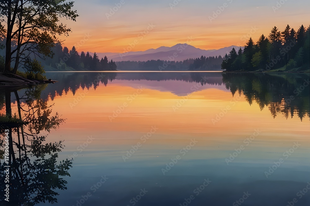 custom made wallpaper toronto digitalA serene lake mirrors the vibrant colors of the sunset. The water is calm and still. The sky is painted with warm hues. It's a peaceful, picturesque scene.