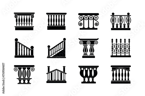 Balustrade and Railing Icons Set — Classic Balcony and Staircase Design Silhouettes
