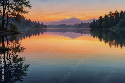 Wallpaper Mural A serene lake mirrors the vibrant colors of the sunset. The water is calm and still. The sky is painted with warm hues. It's a peaceful, picturesque scene. Torontodigital.ca