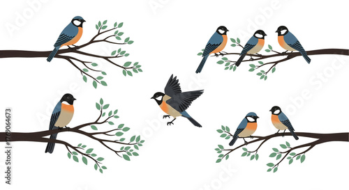 A collection of illustrated blue and orange birds perched on bare tree branches with one in flight.