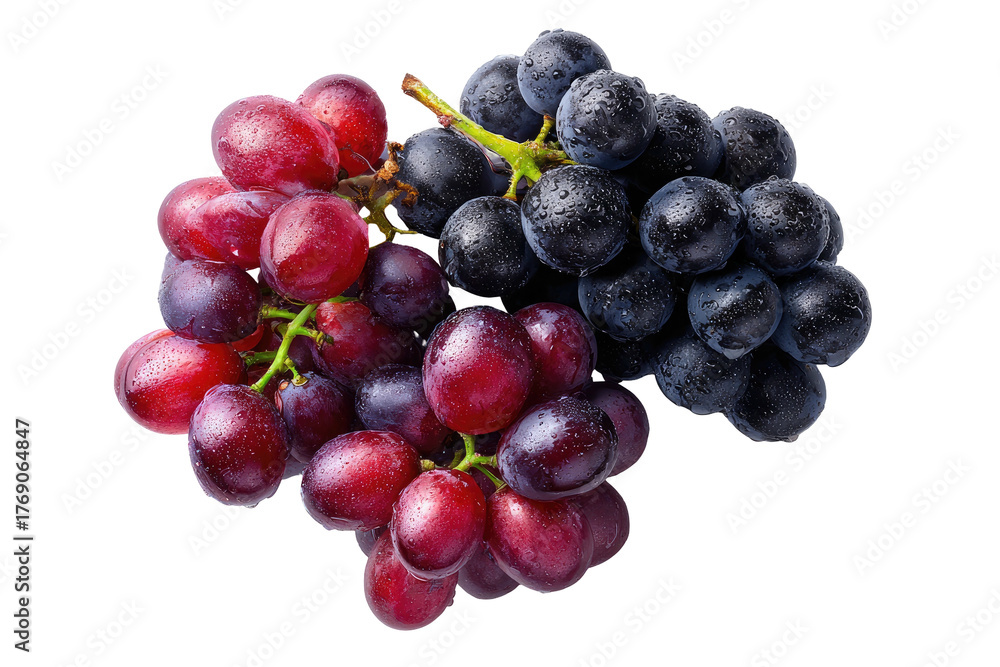 Fototapeta premium Red and black grapes, wet, on a black background