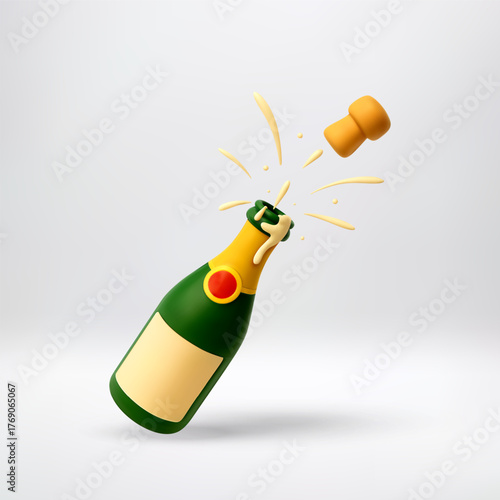 3D Champagne cork explosion with festive bubbles popping from a green bottle. Celebration and holiday toast concept for New Year Eve or special occasion. Vector illustration