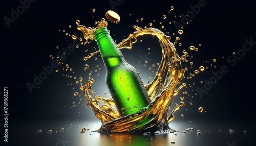 Green beer bottle with beer splashing on black background. Beer cap splashing on the bottle.