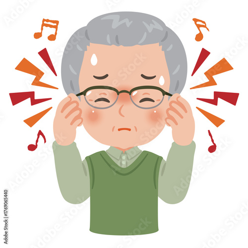 耳鳴りに悩むシニア男性　上半身イラスト／Senior Man Suffering from Tinnitus　upper body illustration
