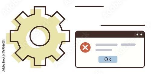 Large gear beside error message dialog box with an OK button and red cross. Ideal for system crash, troubleshooting, process error, configuration problem, software issues, failure alert, simple flat