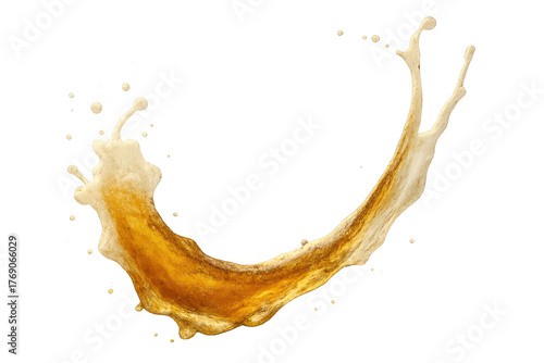 Golden beer liquid splashing with foam, dynamic beverage refreshment movement, transparent background fluid stream
