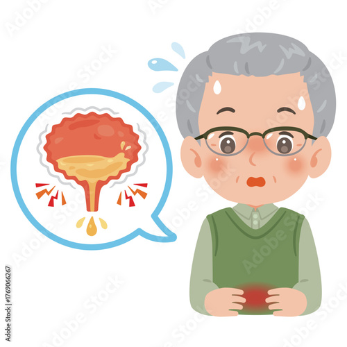 尿もれ悩むシニア男性　上半身イラスト／Senior Man with Urinary Incontinence　upper body illustration