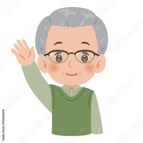 片手を高く上げたシニア男性　上半身イラスト／Upper Body Illustration of Senior Man Raising One Hand High