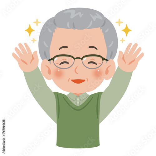 両手を上げて万歳する笑顔のシニア男性　上半身イラスト／Upper Body Illustration of Smiling Senior Man Raising Both Hands in Victory