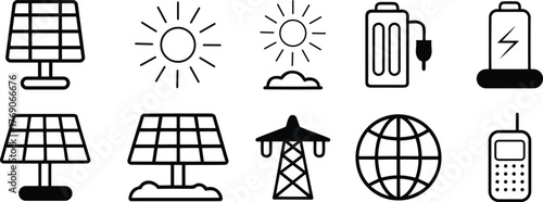 Solar Energy Icon Set — Renewable Power, Electricity, Battery, and Global Technology Line Icons Collection