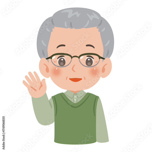片手を上げて挨拶するシニア男性　上半身イラスト／Upper Body Illustration of Senior Man Waving One Hand in Greeting