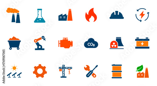 Industrial themed icon set. includes solid vector icons of engineering, heavy industry, minerals, factories, energy.