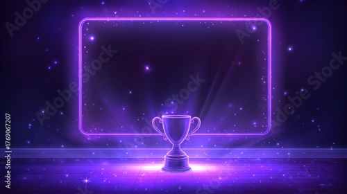 Vibrant Trophy with Neon Light Effect and Blackboard Background