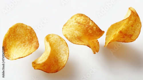 Delicious levitating potato chips with a white background, food image, good details and good color