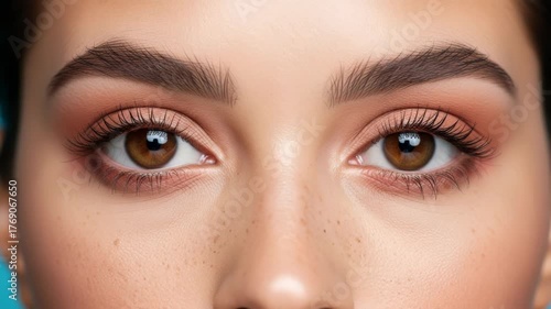 Close up of a womans beautiful brown eyes with makeup and freckles