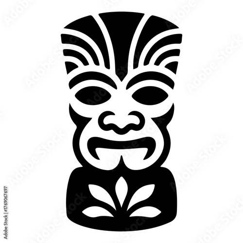 Tiki tribal wooden mask set and Tiki mug. Hawaiian traditional elements. Colored, wooden and black and white silhouette. Vector illustration