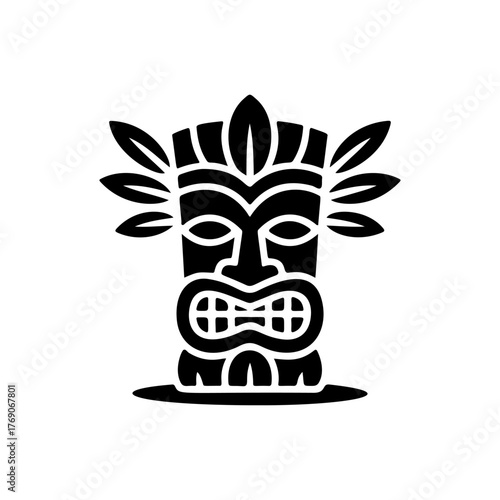 Tiki tribal wooden mask set and Tiki mug. Hawaiian traditional elements. Colored, wooden and black and white silhouette. Vector illustration