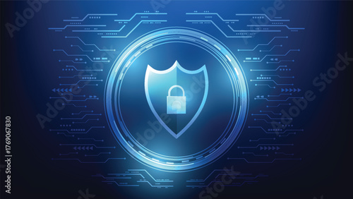cyber security and data network protection. digital pad lock and shield on blue hi tech circuit board background