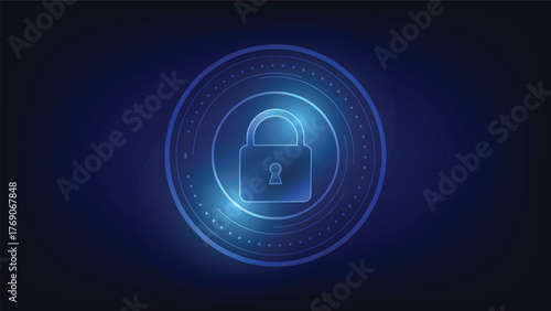 padlock with hi tech circle on blue background. cyber security symbol