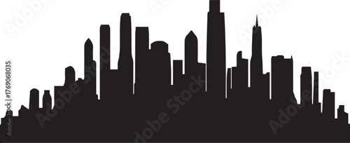 Black silhouette of a diverse city skyline with varied building heights and shapes black and white