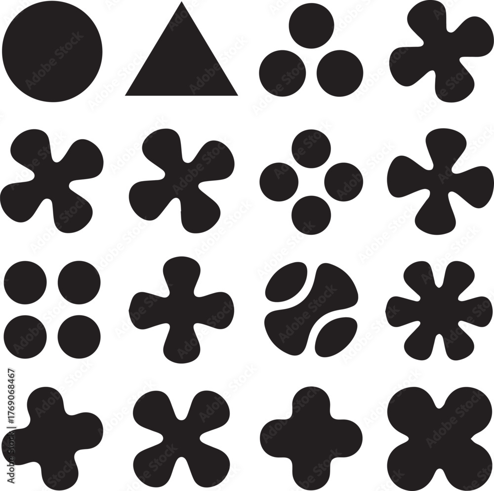 Fototapeta premium Collection of sixteen black abstract organic shapes and geometric forms on white background vector