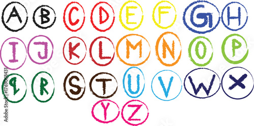 Colorful Hand-Drawn Alphabet Letters in Circles: Educational Illustration for Kids, Playful Typography, ABC Learning, Fun Graphic Design