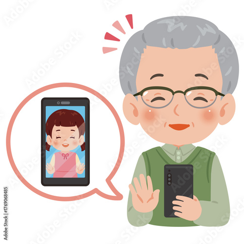 スマートフォンでビデオ通話するシニア男性　上半身イラスト／Upper Body Illustration of Senior Man Making a Video Call on Smartphon